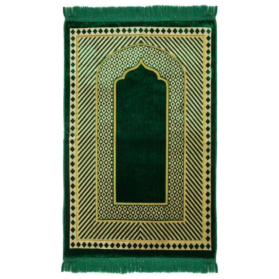 Green & Gold Candy Stripe Border Islamic Muslim Turkish Prayer Rug with Tassles