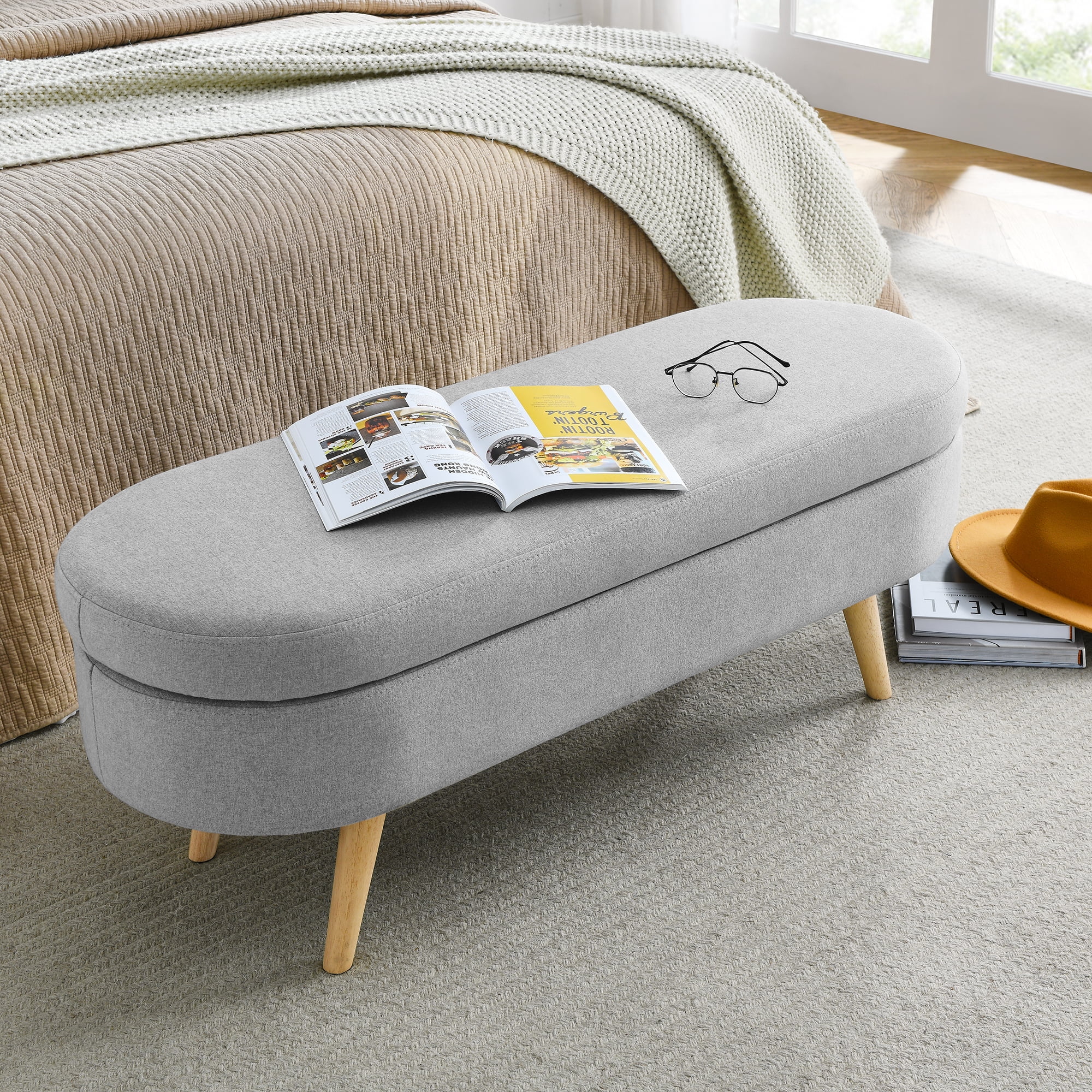 Furniliving 43.5"Storage Ottoman Benches, Oval End of Bed Bench with Rubber Wood Leg, Upholstered Bench for Living Room, Bedroom, Entryway, Grey