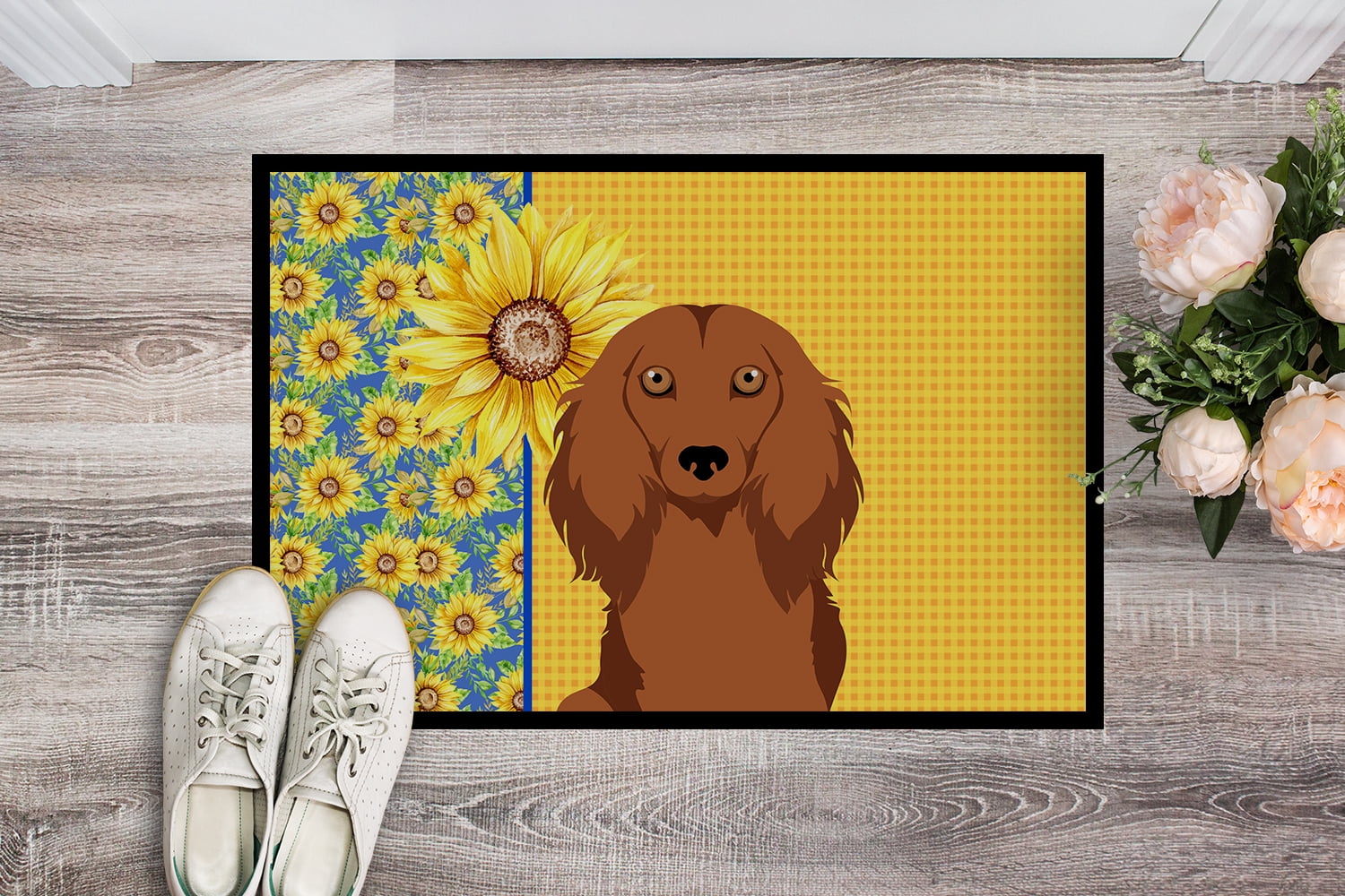 Carolines Treasures WDK5390JMAT 24 x 36 in. Summer Sunflowers Longhair Red Dachshund Indoor or Outdoor Mat