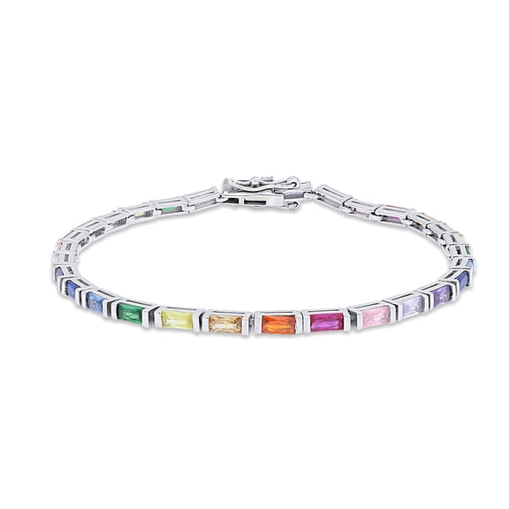 AFFY 14K White Gold over Silver Colourful Rainbow Baguette Multi Color Gemstone Tennis Bracelet for Women-6.5IN
