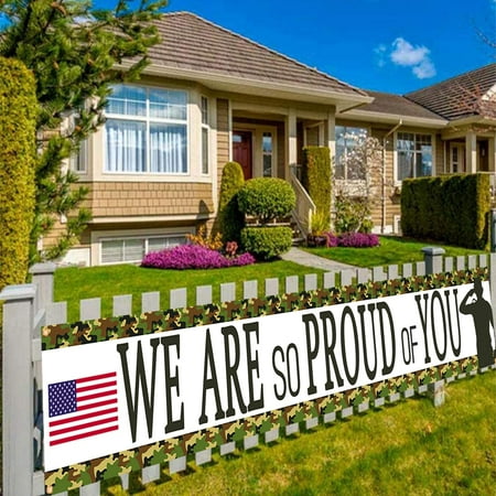 Camouflage We Are So Proud Of You Backdrop Banner, Veterans Day Memorial Day Independence Day Deployment Returning Back Military Army Retirement Party Decor