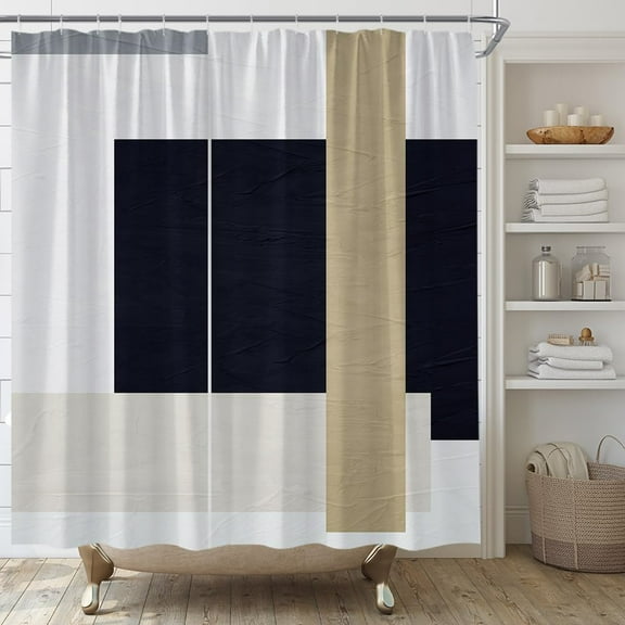 Abstract Modern Shower Curtain Black Tan Beige Boho Geometric Mid Century Neutral Aesthetics Minimalist Fabric Bathroom Decor Curtains Set Include Hooks 54"W x 78"L (Pack of 1)