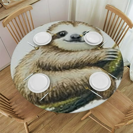 Animal Sloth Coconut Leaves Round Fitted Tablecloth Elastic Edge Waterproof Oil-Proof Table Cover Stain-Resistant