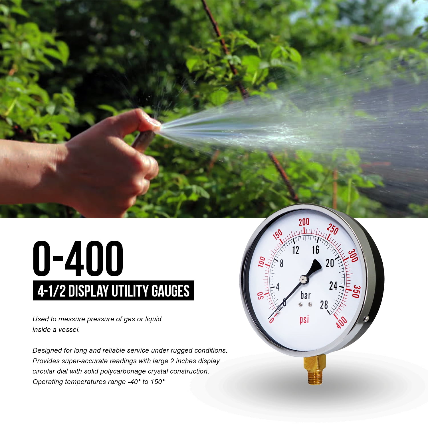 Supply Giant 4.5" Utility Dry Water Pressure Gauge 400 PSI, 1/4" NPT Lower Mount