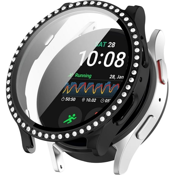 KOMI Compatible with Galaxy Watch 7 40mm 44mm Screen Protector Case Tempered Glass Bling Diamond Cases Women Girls Crystal Shining Rhinestone Cases Smartwatch Accessories Case (Black, 44mm)