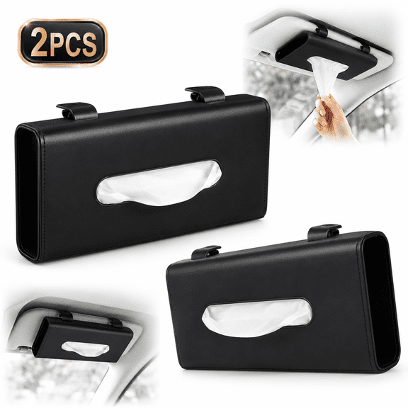 Emlimny 2 Pack Car Sun Visor Tissue Holder, Premium PU Leather Napkin Dispenser for Vehicle Visor Organizer, Includes Tissue Refill, Black and Beige