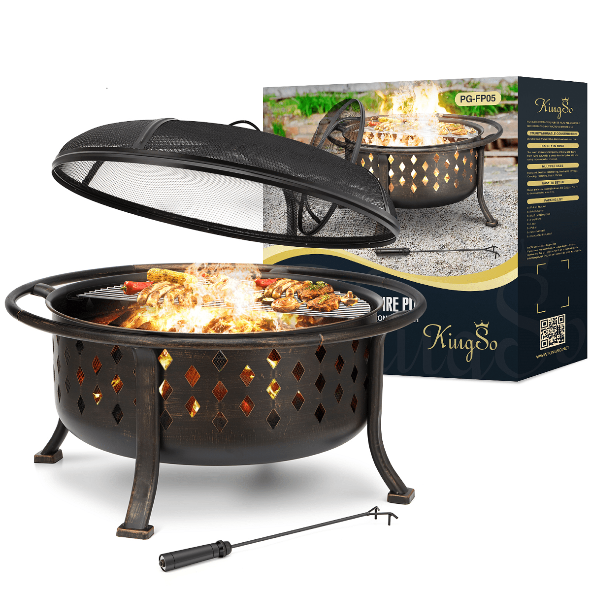 Kingso 36 Wood Burning Fire Pit With, 36 Inch Round Grate For Outdoor Fire Pits