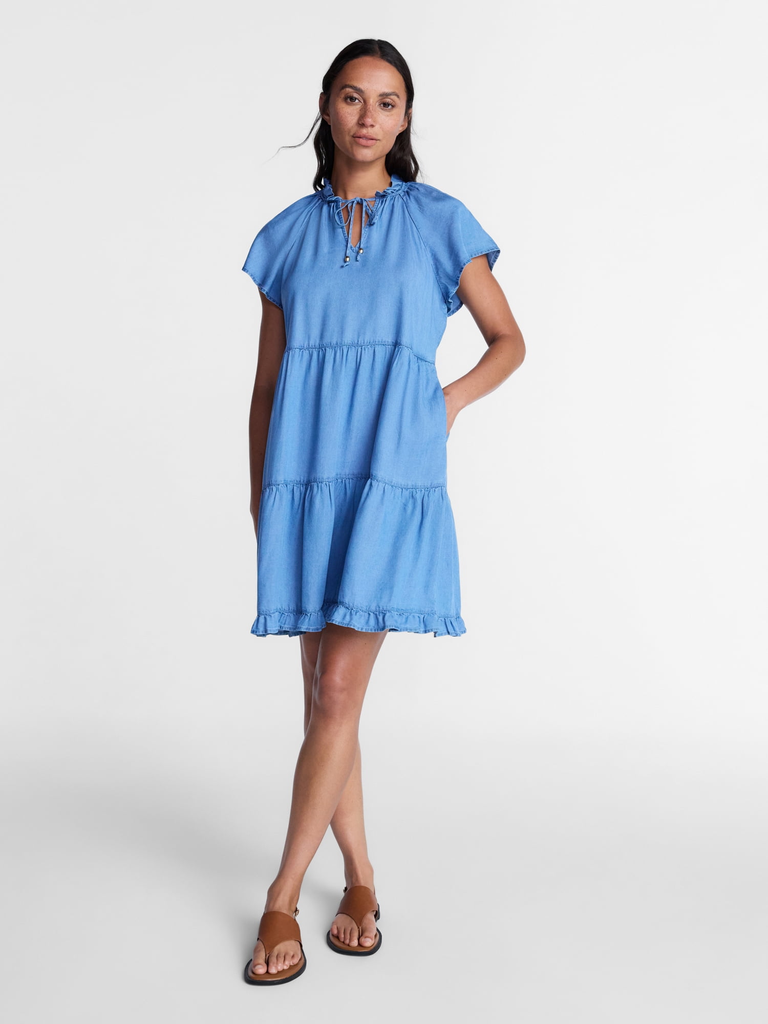 Time and Tru Women's Tiered Mini Dress with Flutter Sleeves, Sizes XS-XXXL