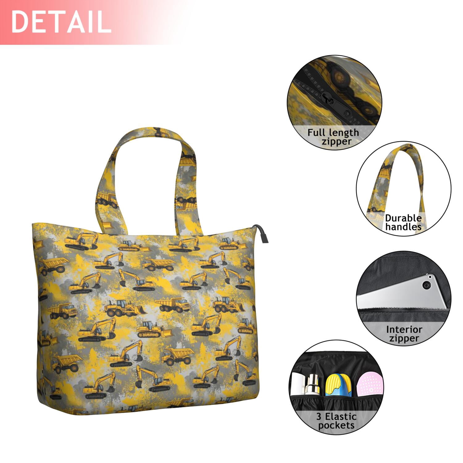 Cartoon Construction Vehicles Splashes Travel Tote Bags for Women Carry On,Large Weekender Bags for Women Travel,Multi Functional Duffle Bag for Work,Shopping,Sports