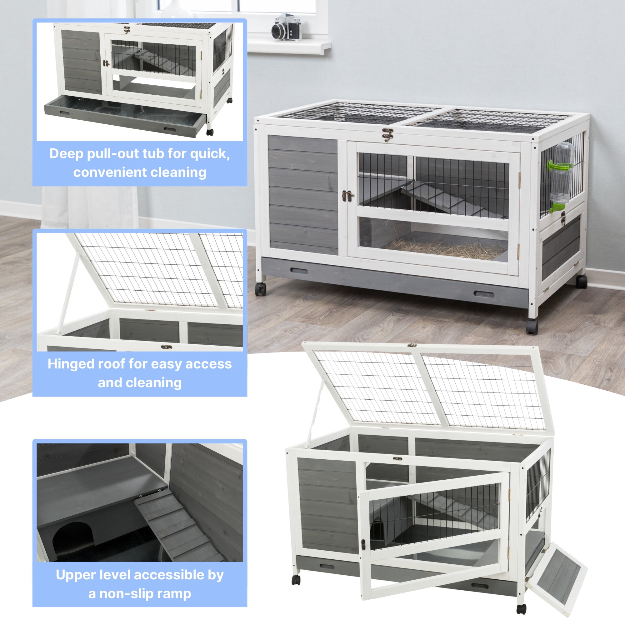 TRIXIE Mobile Indoor 1-Story Wooden Small Animal Cage with Wheels & Pull-Out Tray, Gray