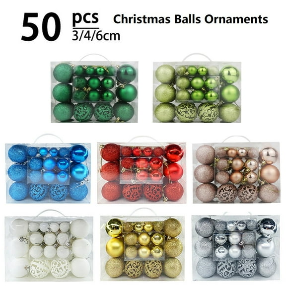 Lksixu 50 Pcs Christmas Tree Balls Ornaments, Christmas Decorations 4 Style Shatterproof Glitter Decorative Balls Pendants with 3 Sizes, Christmas Tree Hanging Bauble Sphere for Xmas Holiday Party