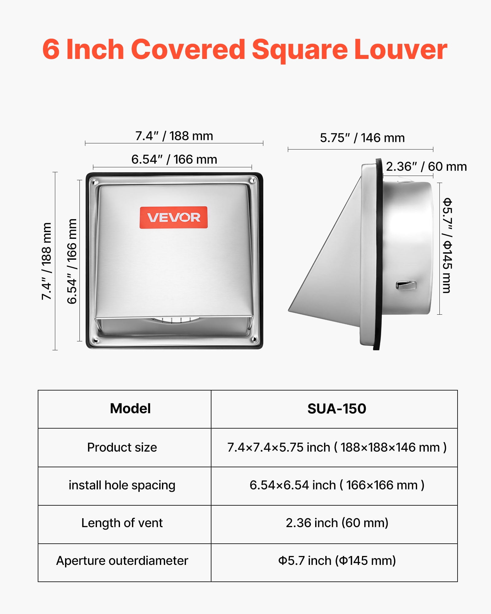 VEVOR 6 inch External Extractor Wall Vent Cover, Square AC Vent Gable Cover, Premium Stainless Steel & with Built-in a Protection Screen, for House,Bathroom,Garage,Kitchen,Basement (1 Pack, Silver)