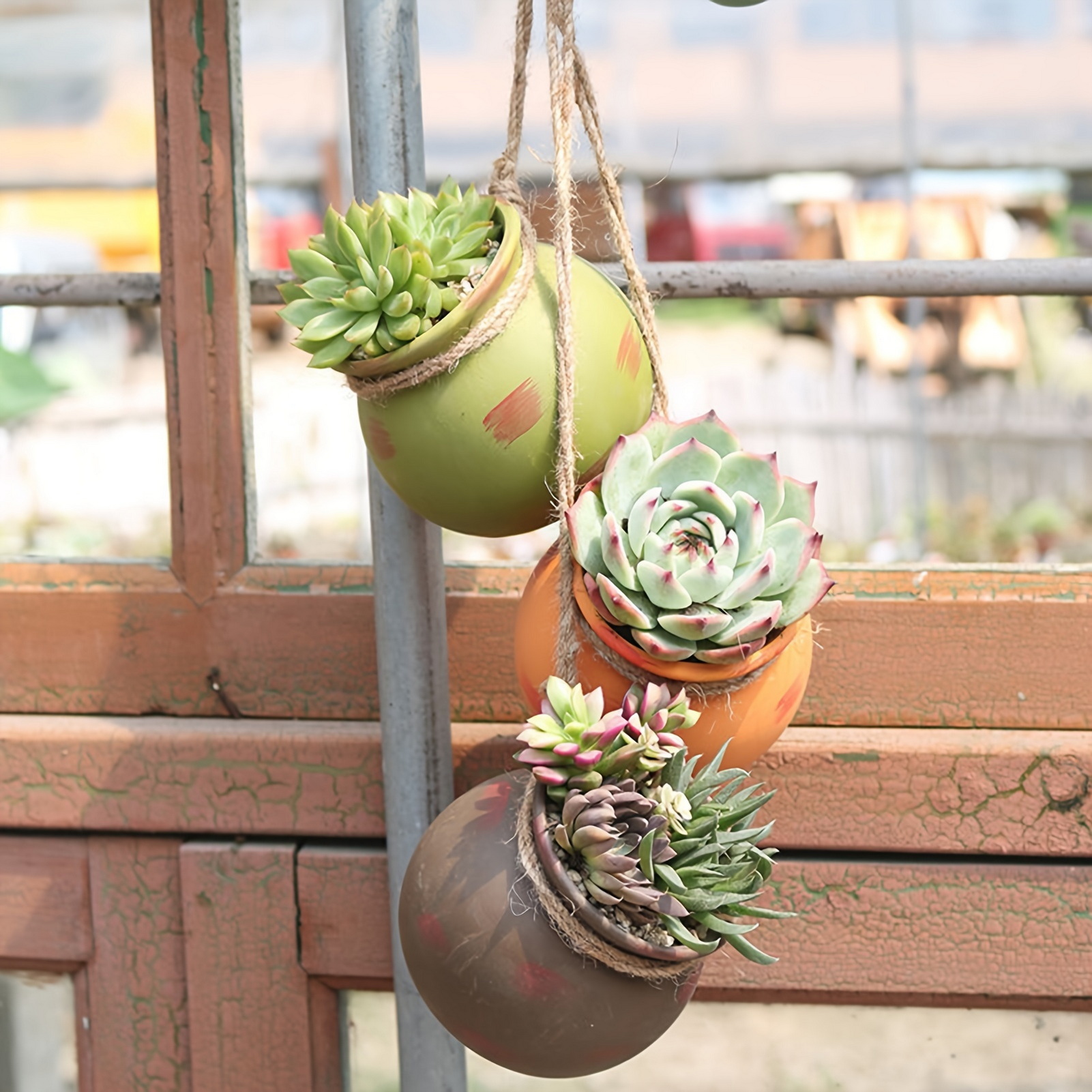 Hanging Ceramic Planters, Mini Wall Mount Flower Pots with Jute Rope for Succulents, Boho Indoor Outdoor Home Decor, Set of 4 Small Plant Pots
