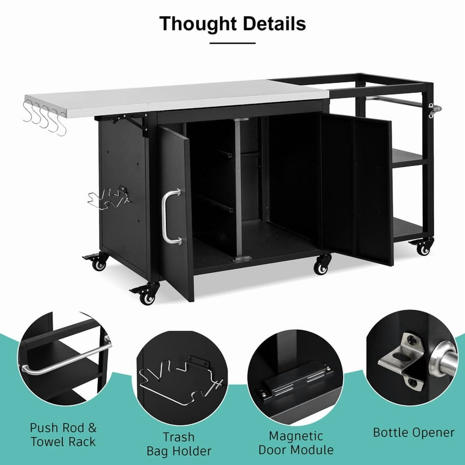 76" Outdoor Kitchen Island Grill Cart for Big Green Egg, Stainless Steel Prep Table, Outdoor Grill Table with Adjustable Shelf & Hooks & Bottle Opener for BBQ