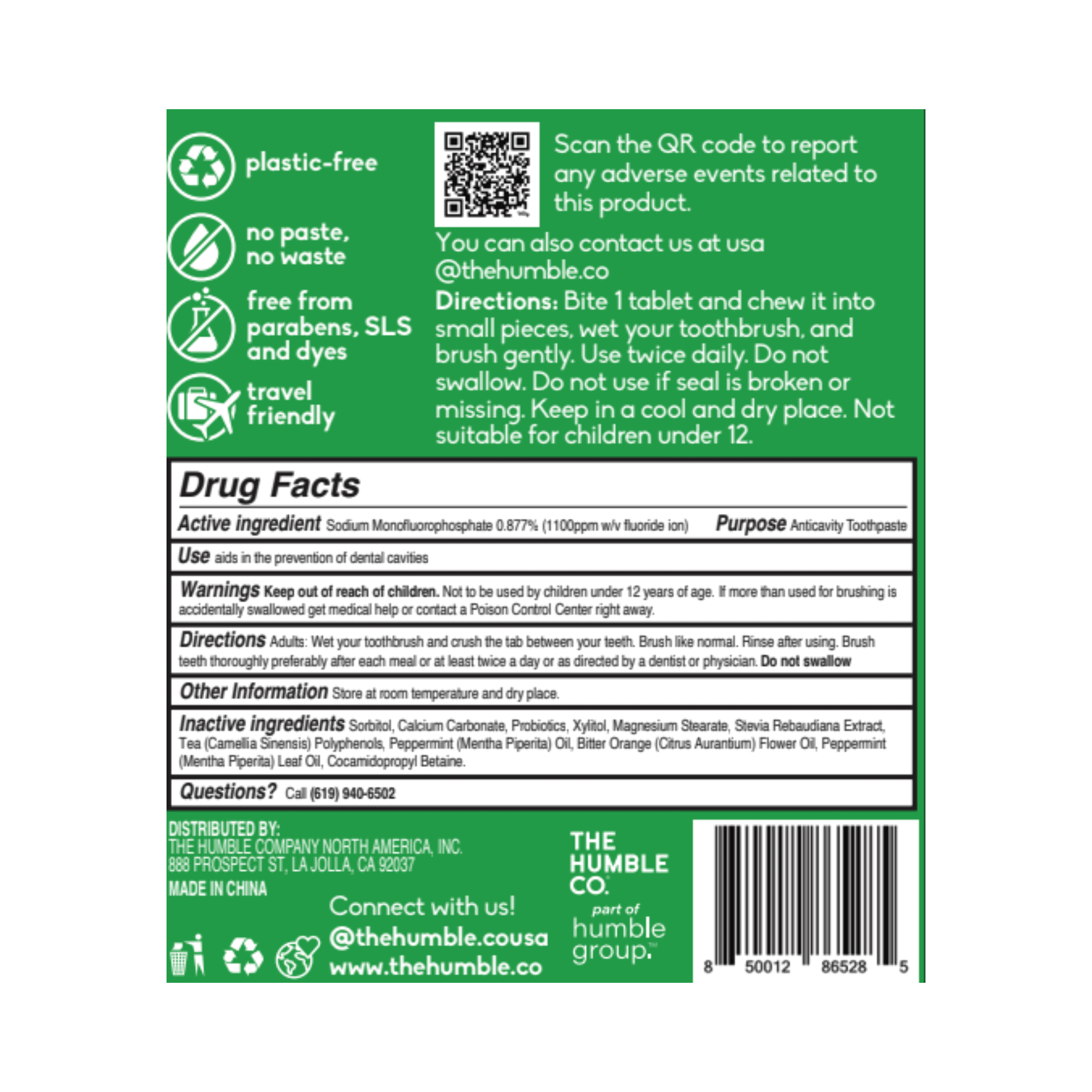 The Humble Co Chewable Toothpaste Tablets, Travel-Friendly Oral Care, Fresh Mint Flavor with Flouride, 180 Tablets, Pack of 3