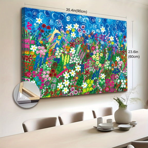 2D Flat 1pc Wooden Framed Extra Large Canvas Wall Art, Wildflower Artwork Canvas Print, Flower Landscape Painting,