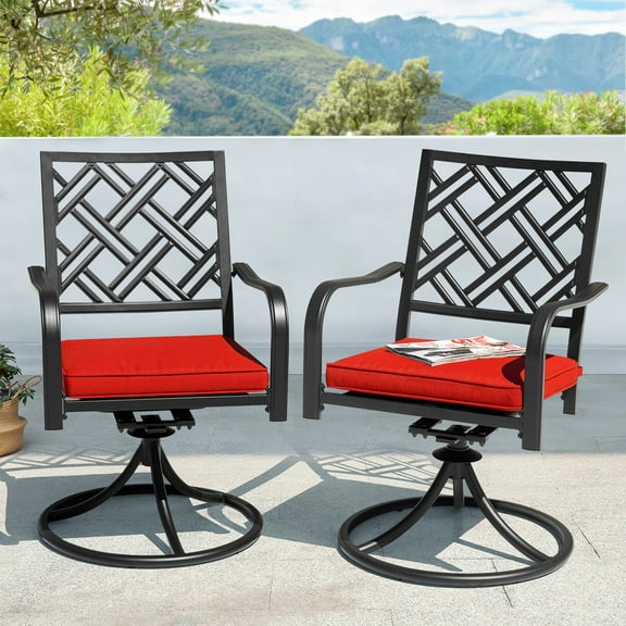 Nuu Garden Iron Swivel Dining Chairs Set of 2, 360-Degree Rotating Patio Chairs with Red Cushions, Heavy-Duty Metal Frame for Garden Porch Backyard Lawn, Black