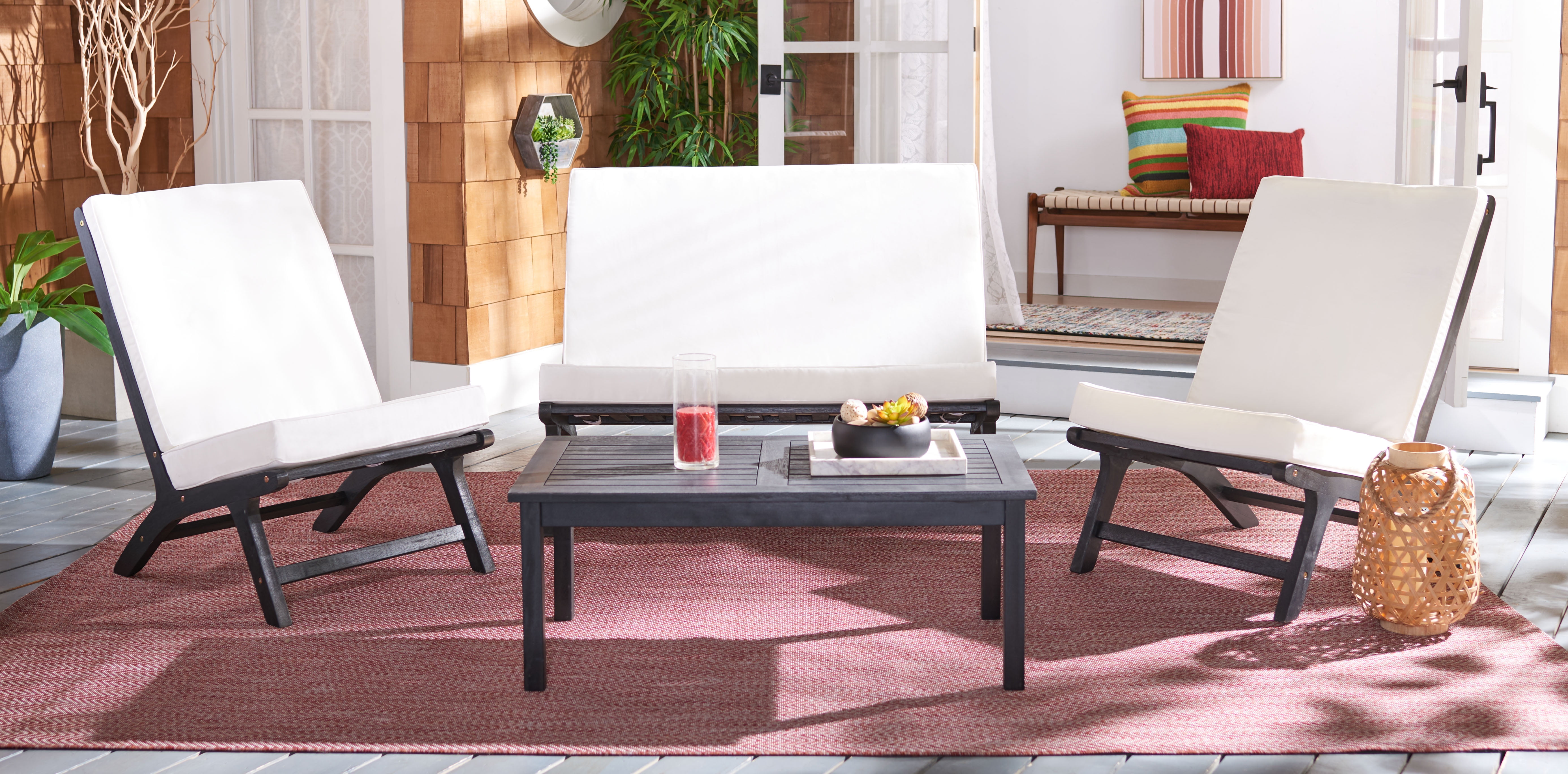 SAFAVIEH Chaston Outdoor 4 Piece Conversational Set, Black/Beige
