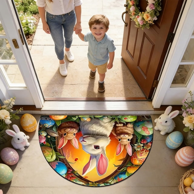 Cheapark Tapis de Porte d'Entrée Semi-Circulaire Easter, Tapis de Sol Antidérapant et Résistant aux Taches, Tapis de Décoration pour Chambre