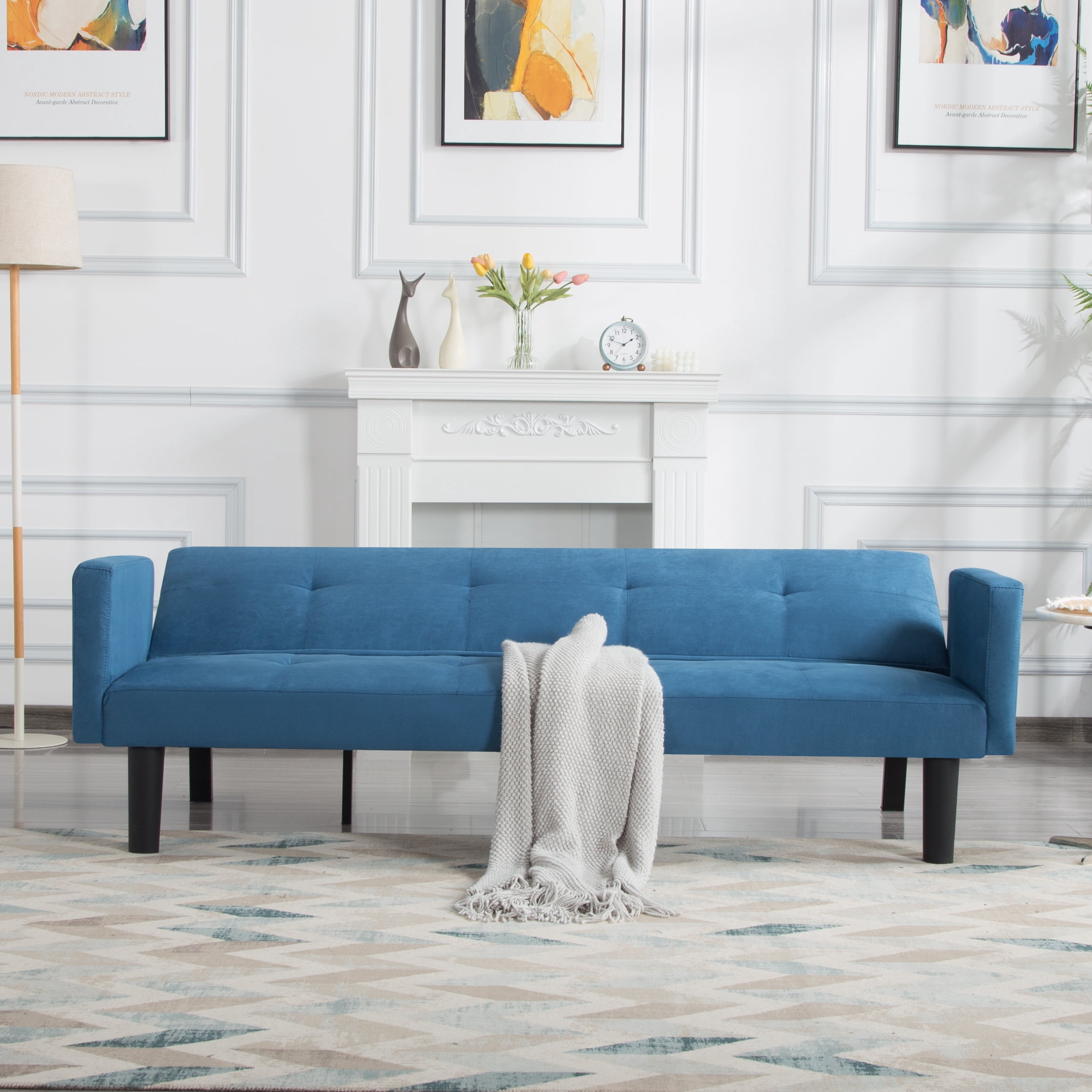 Gewnee 73.6" Modern Faux Suede Futon Sofa Bed, Convertible Couch with 3-Position Backrest, Twin Sleeper for Living Room/Apartment/Dorm, Blue