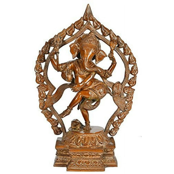 Exotic India Dancing Ganesha with Flaming Aureole - Brass Statue - Color Chola Color