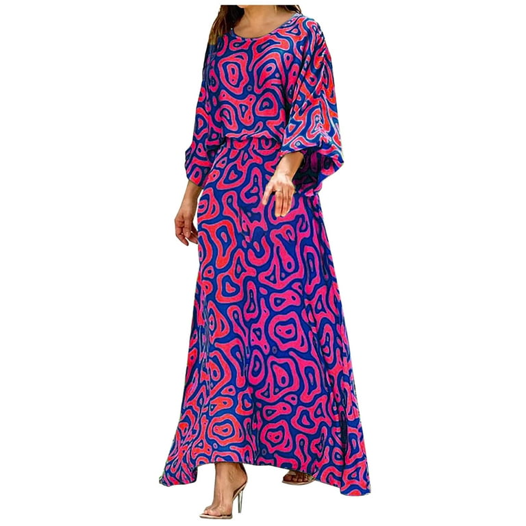 QIPOPIQ Clearance Dresses for Women Summer Floral Long Sleeve Round Neck  Tops Long Sets Plus Size Dresses Purple 2XL
