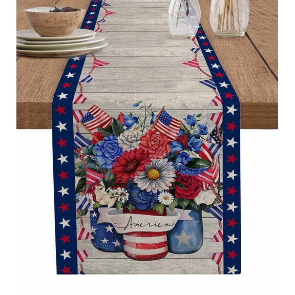 4th of July Table Runner 48 Inches, Blue Red Floral Vintage Independence Day Bed Runner Dresser Scarves Tabletop for Indoor Outdoor Parties/Ceremony/Banquet, 13" x 48"