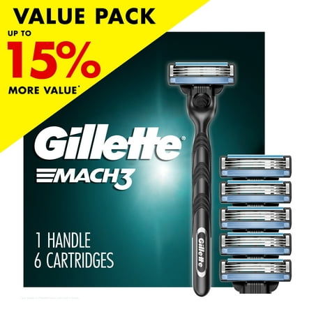 Gillette Mach3 Men's Razor Value Pack, Blue, 1 Handle & 6 Razor Blade Refills