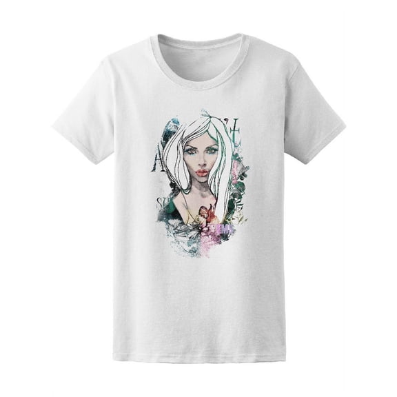 With Freehand Drawing Woman And Flowers Tee Women's -Image by Shutterstock