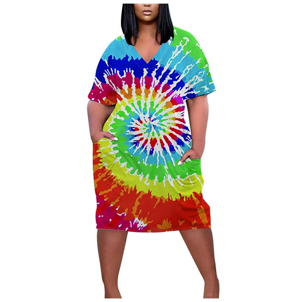 Bigersell Womens Plus T-Shirt Dress Tie Dyed Printed Loose Baggy Oversize Cover-up Relaxed-Fit Cute Fashion Trendy Tunic Midi with Pocket Casual Loose Dresses, Green 5XL - Walmart.com