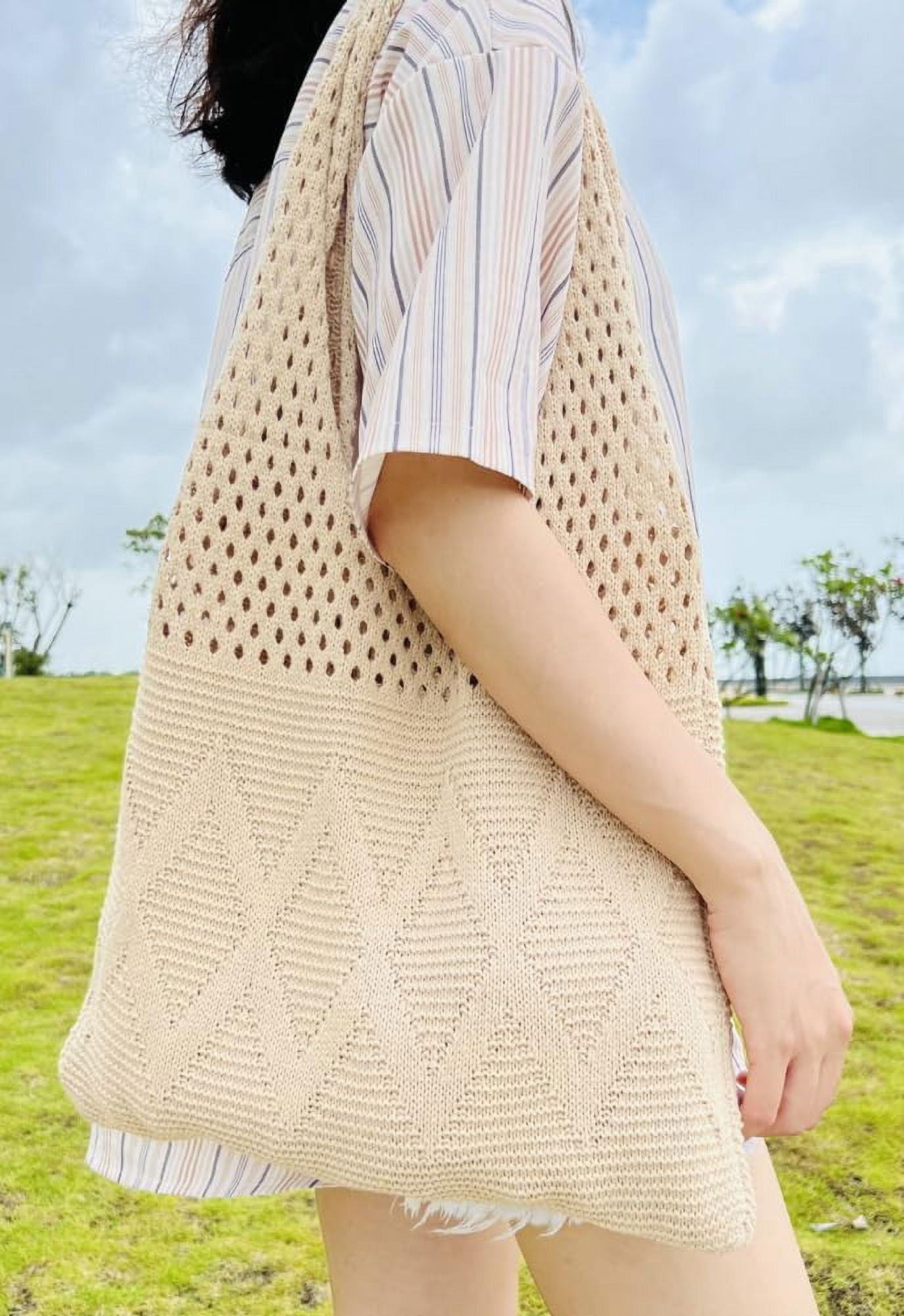 Kukuzhu Women's Crocheted Tote Bag Knitted Hobo Beach Bag Aesthetic Handmade Shoulder Handbag Cute Purse Travel Shopper