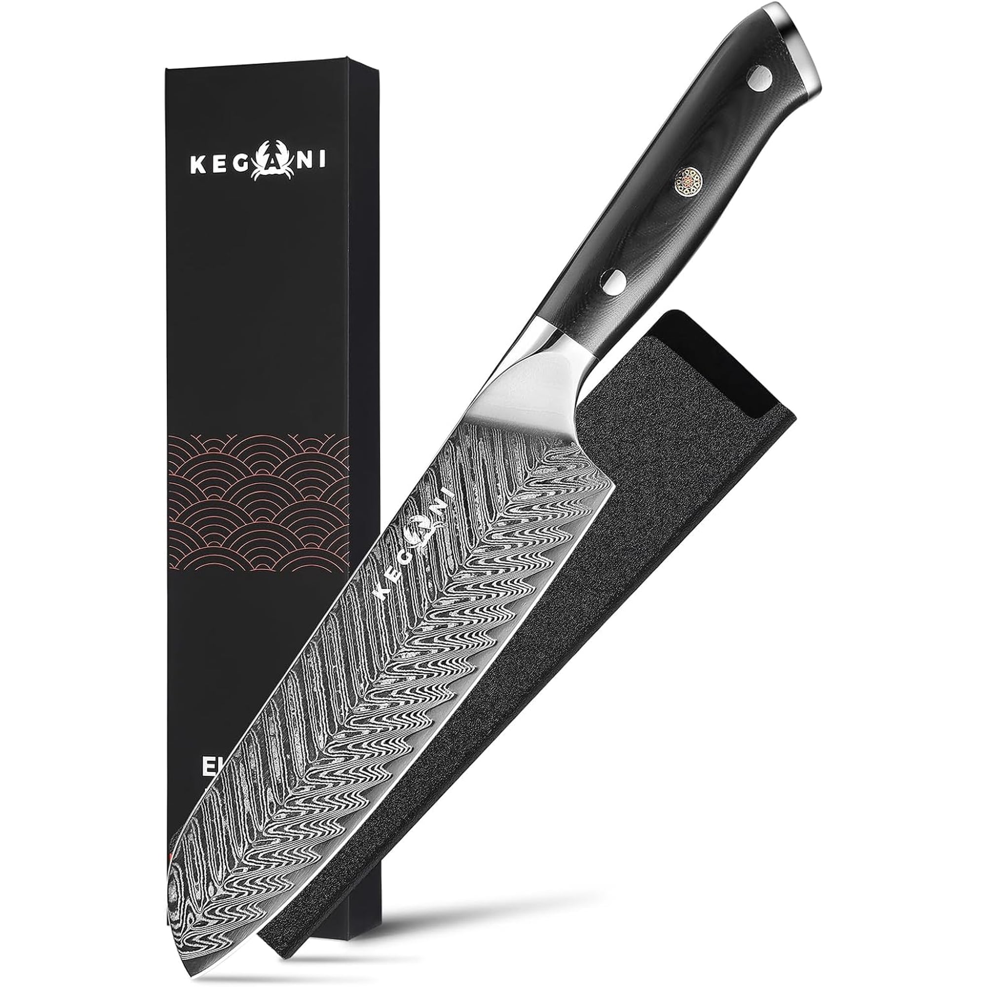Kegani 7" Santoku Knife Japanese Santoku Knife, 73 Layers AUS-10 Damascus Santoku Knife, G10 Handle FullTang Damascus Japanese Knife with Case & Sheath