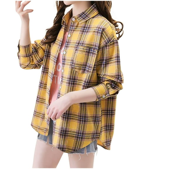 HAiming Womens Plaid Button down Shirt Jackets Casual Long Sleeved Lapel Coats 2025 Fall Loose Outwear with Pockets