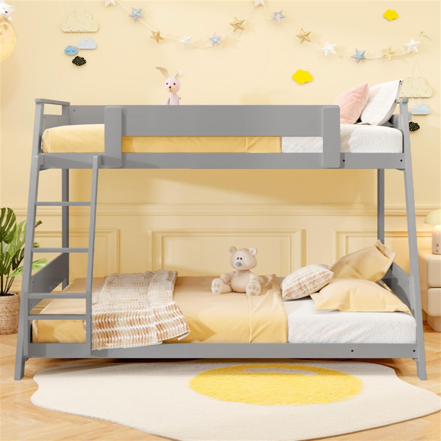 Demi Bonn Twin Over Full Low Bunk Bed with Reversible Ladder, Solid Wood Floor Bunkbeds Frame for Bedroom, No Box Spring Needed, Gray