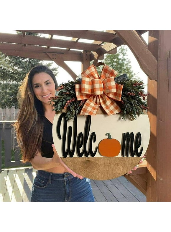 Thanksgiving Fall Welcome Sign, 12 inches Rustic Pumpkins Front Door Decor with Handmade Bow-Knot, Round Wood Hanging Welcome Sign Porch Decorations for Home Outdoor Indoor Wall