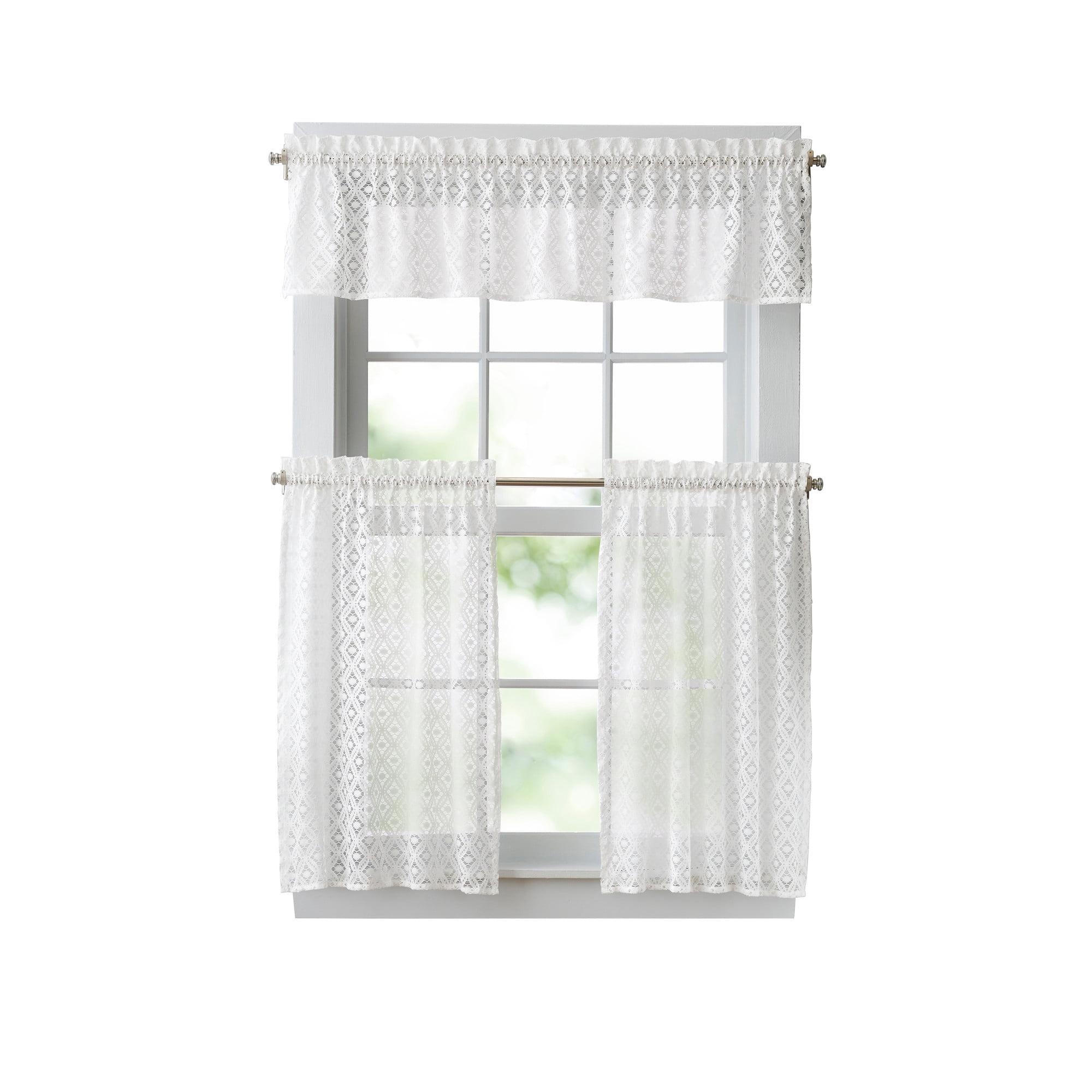 Martha Stewart Canterbury Lace 3 Piece Valance & Tier Set White, Rod Pocket, Sheer, Indoor, Adult, 60" x 14"