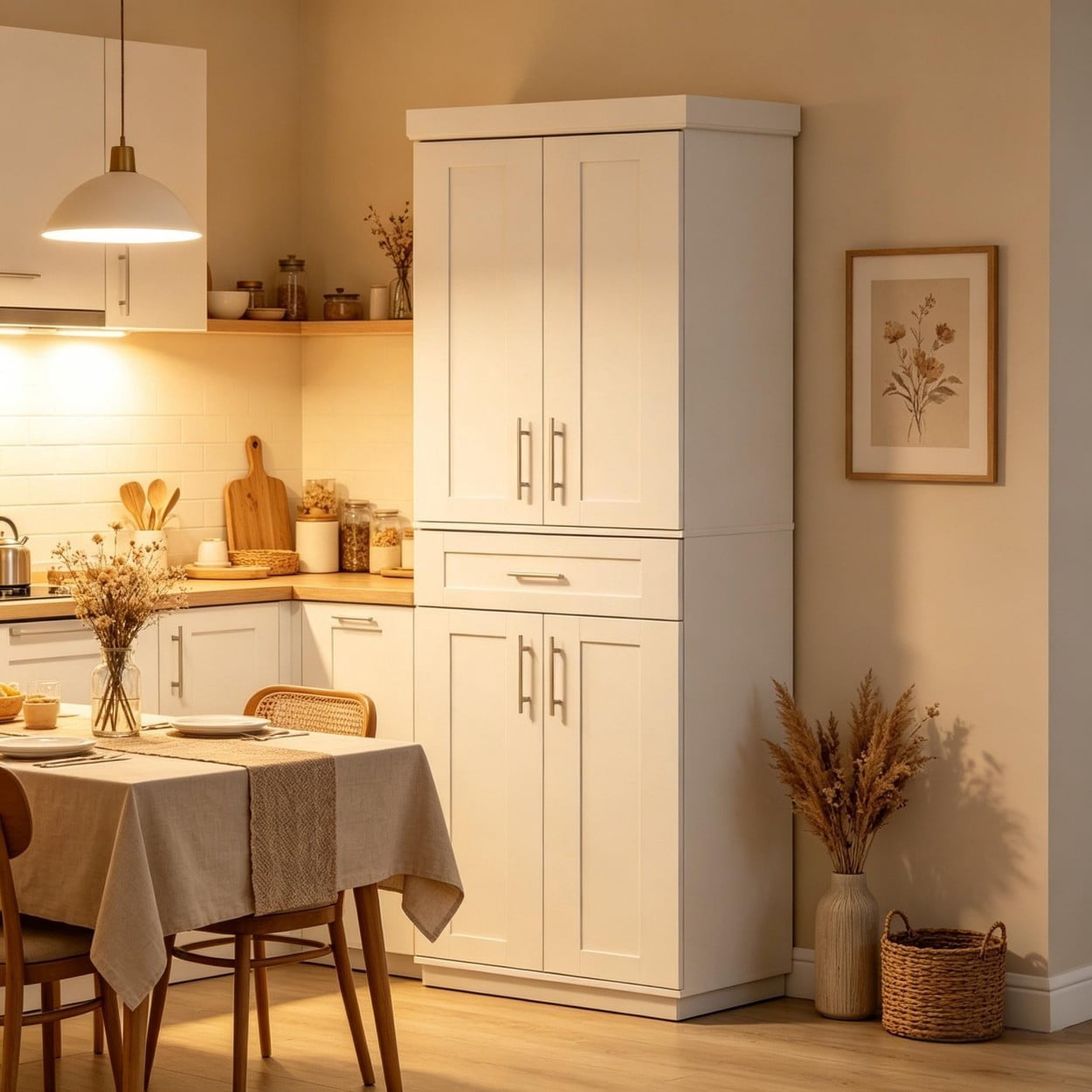 72" Tall Kitchen Pantry Cabinet with Drawer & Adjustable Shelves, Freestanding Storage Cabinet with Doors, Modern Farmhouse Cupboard Organizer for Kitchen Dining Room Living Room, White