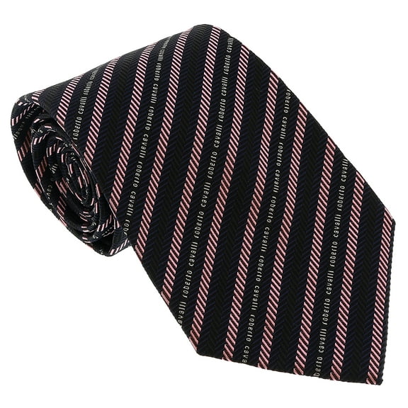 Roberto Cavalli ESZ040 D0655 Black/ Light Pink Regimental Stripe Herringbone Tie for Mens