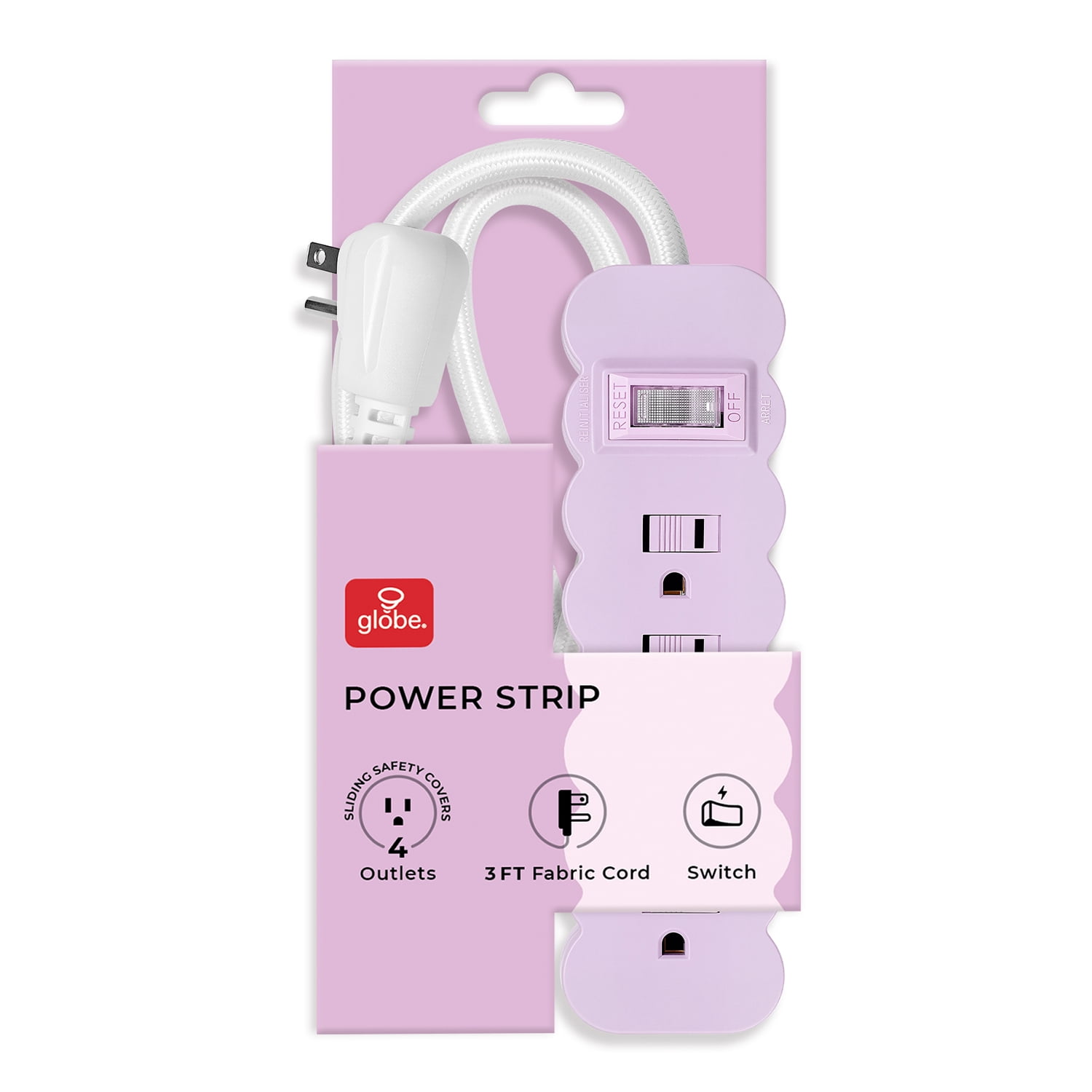 Globe Electric 4-Outlet Indoor Power Strip, 3 ft Braided Fabric Cord, Flat Plug, Pink