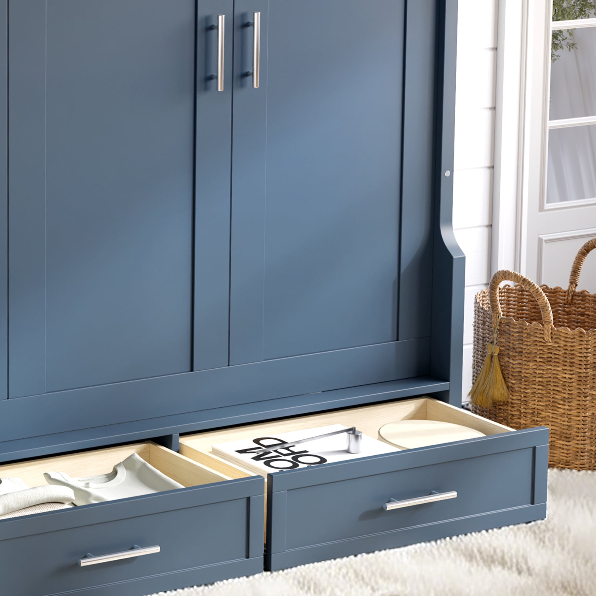 Mintazer Queen Murphy Bed with Side Cabinets & 3 Drawers, Wall Foldable Bed with Storage for Bedroom Guest Room Home Office, Blue