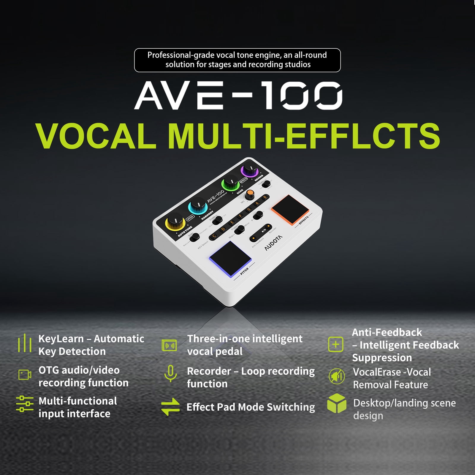 AUDOTA AVE-100 Vocal Multi-effects Processor with Reverb Delay Pitch Correction Three Harmony Modes Automatic Key Detection and Vocal Cancellation Function