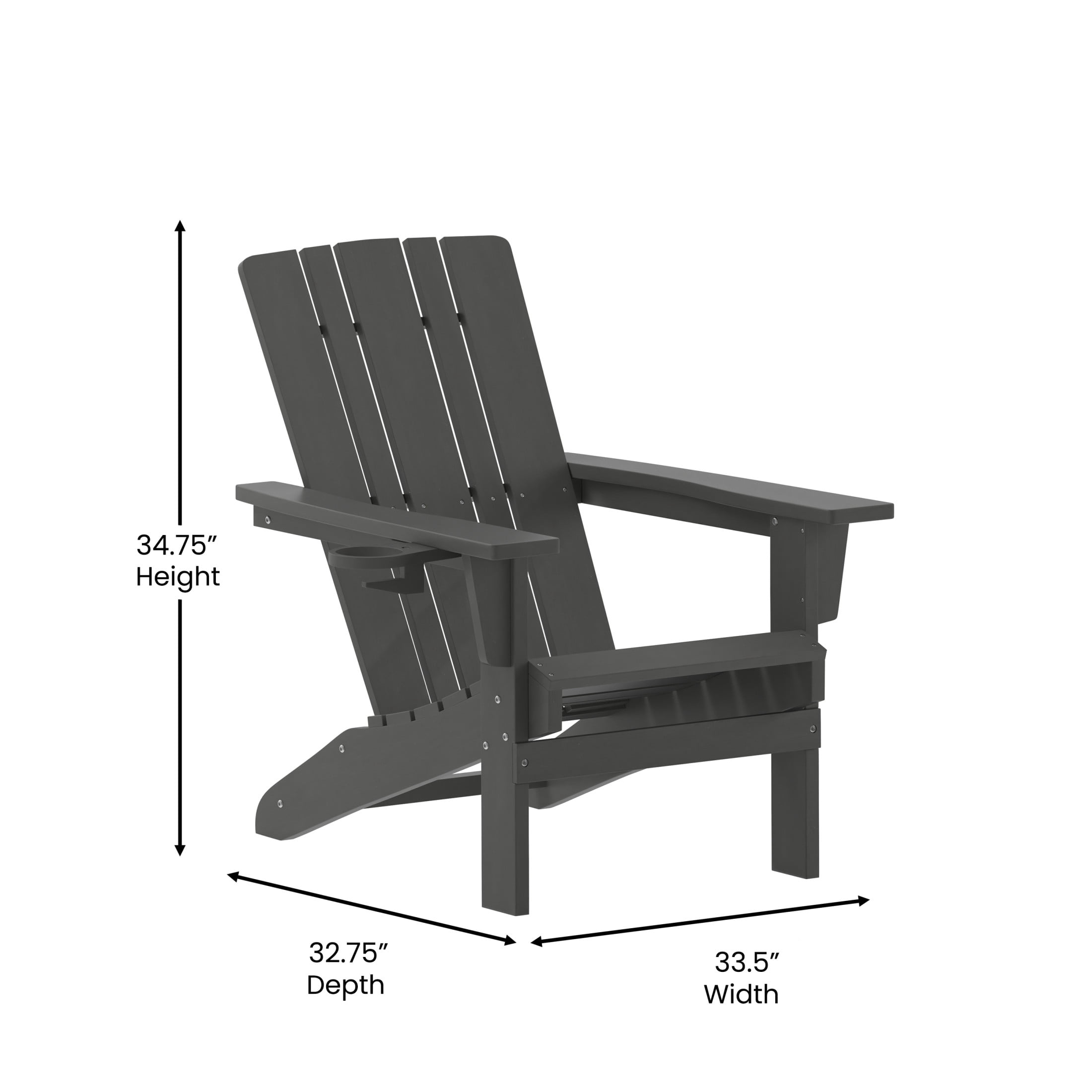 BizChair Adirondack Chair with Cup Holder, Weather Resistant HDPE Adirondack Chair in Gray