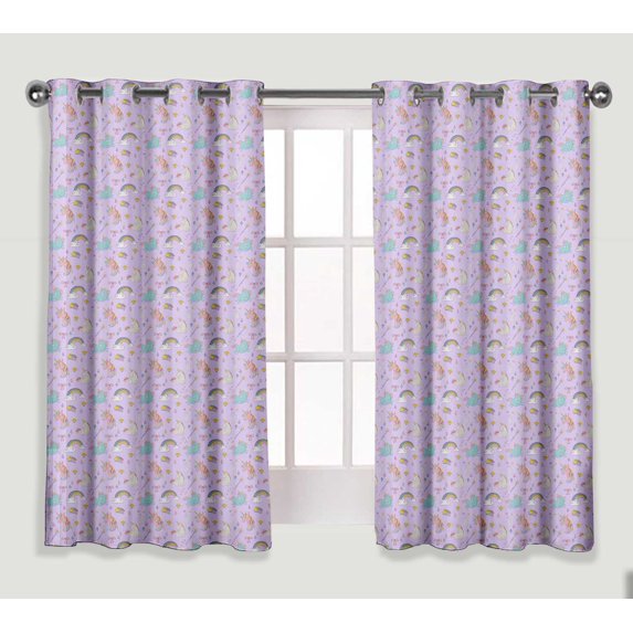 S4Sassy Cotton Duck Unicorn Rainbow Purple Kids Double Panel Long Window Eyelet Living Room Curtains- 54X84 Inches