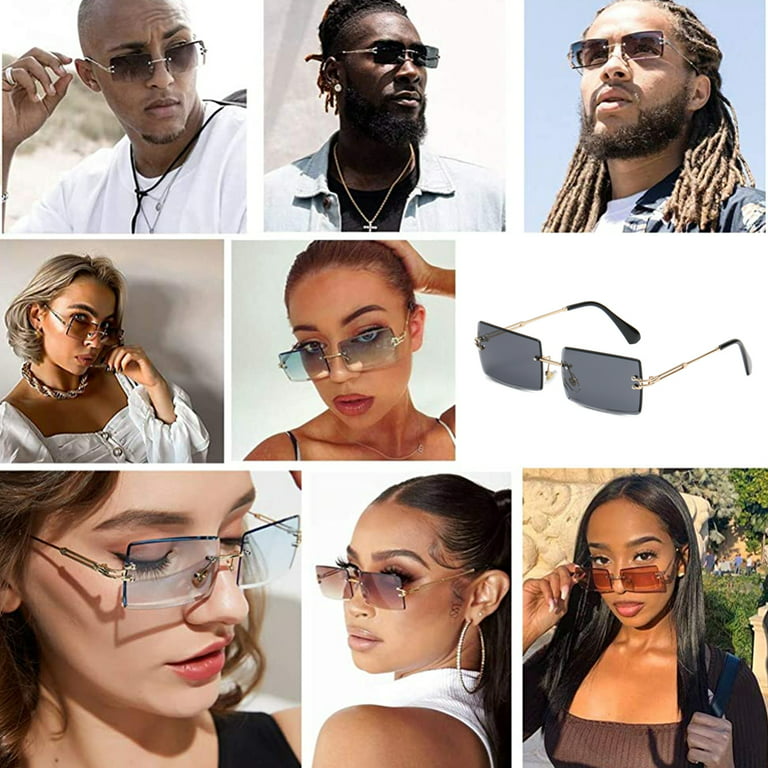 Retro Rimless Rectangle Sunglasses for Women Men Tinted Lens Gold Metal  Frameless Vintage Square Glasses 
