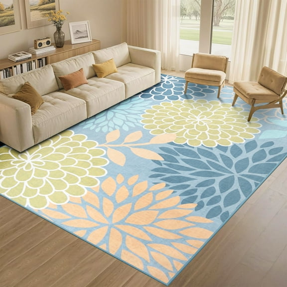Wondo 4x6 Washable Floral Rug, Flower Pattern Boho Rugs for Bedroom, Low Pile & Non Slip Cottage Style Floor Decorated Carpet for Living Room, Kids Room, Office, Dining Room, Blue