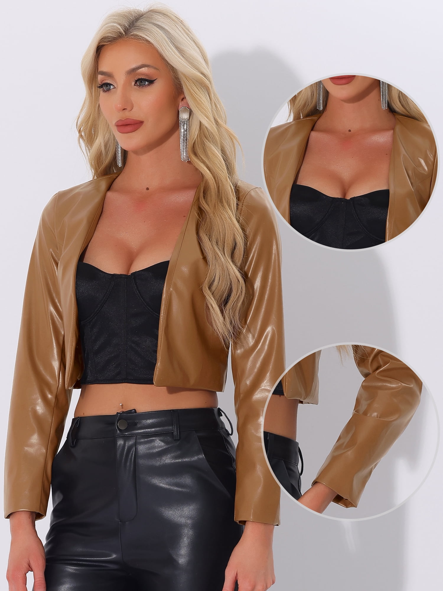 DARING DIVA Women's Faux Leather Jacket Short Coat Moto Biker Cropped S Brown