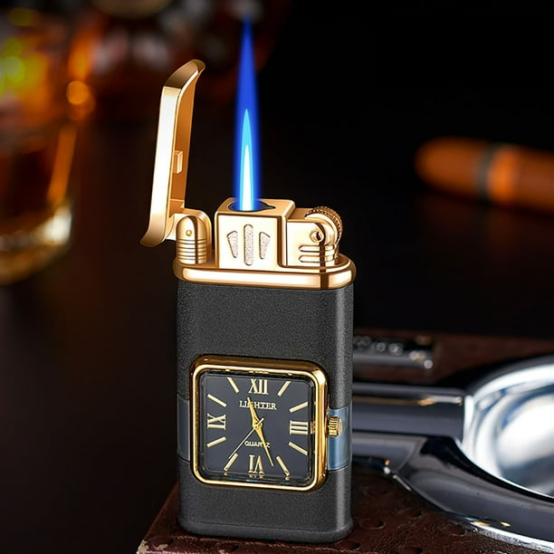 Metal Windproof Blue Flame Lighter | Inflatable Straight Torch with Transparent Gas Chamber & Built-In Clock | Durable Sturdy Portable Outdoor Design | 1 Pack