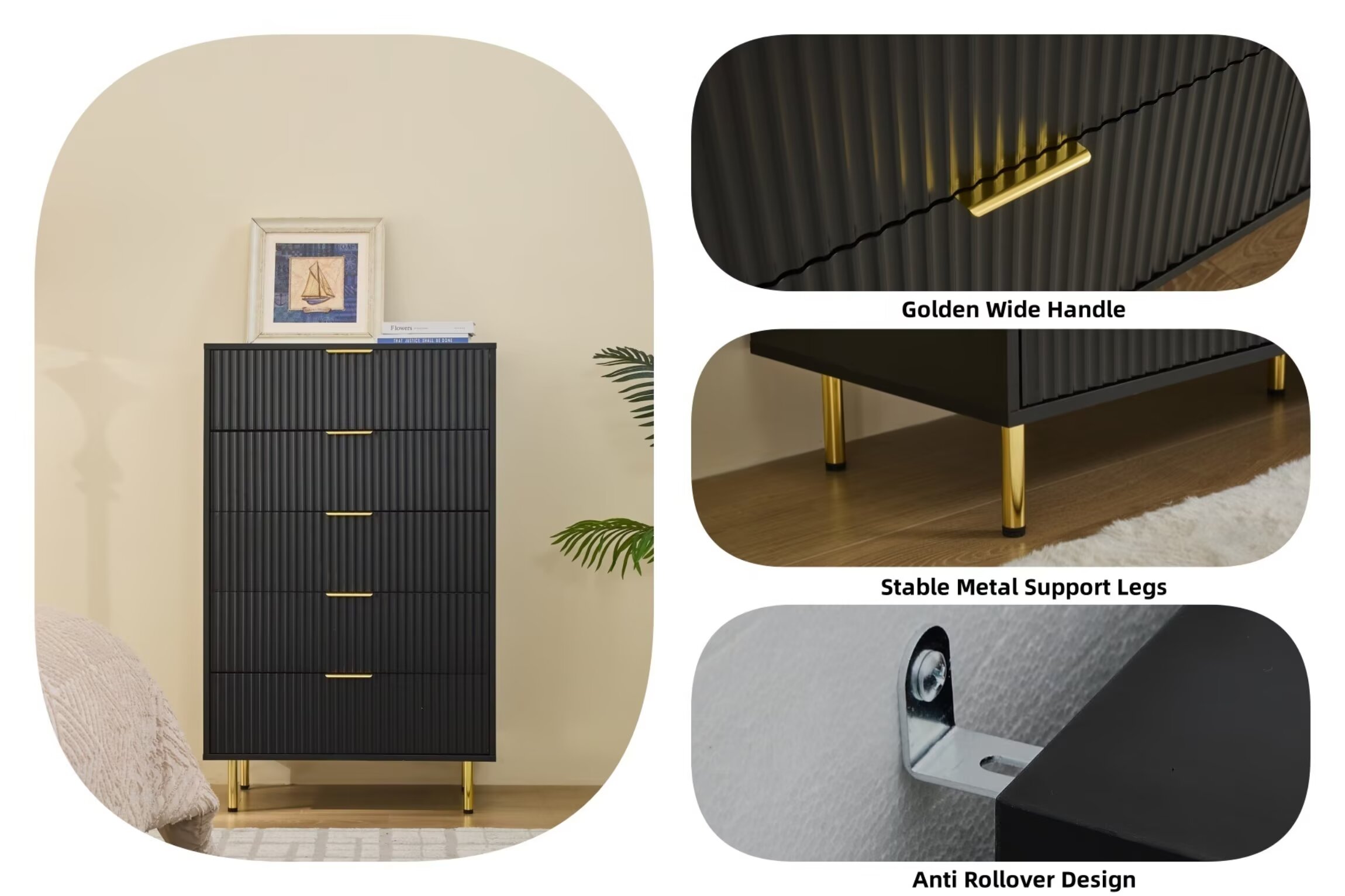 Black Bedroom Dresser with 5 Drawers 48" Tall Chest of Drawers Dresser for Bedrooms Closet