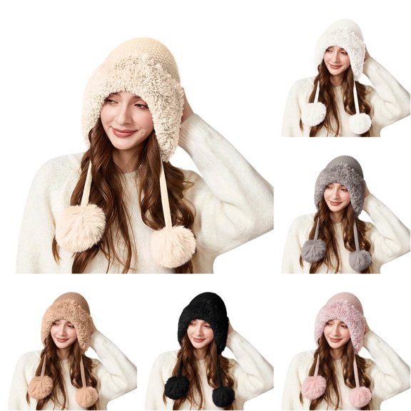 Daznico Lined Knitted Ear Flap Beanie with Hanging Pom Poms Thermal Windproof Winter Hat Ear Protection Accessories for Ladies Outdoor Activities in Cold Weather