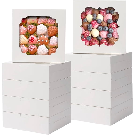 24pcs Cookie Boxes with Stickers, 8x8x2.5 Inches Bakery Boxes with 2 Style Windows for Chocolate Strawberries, Pie, Pastry, Dessert, Cake